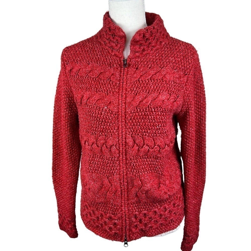 J. Jill Women's Red Orange Zip Up Knit Cardigan Size S Cable Knit Chunky Knit